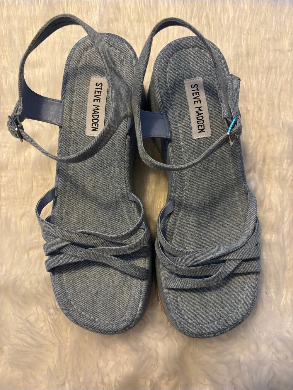 Steve Madden Crazy 30 Denim Platform Wedge Sandals Sz 11